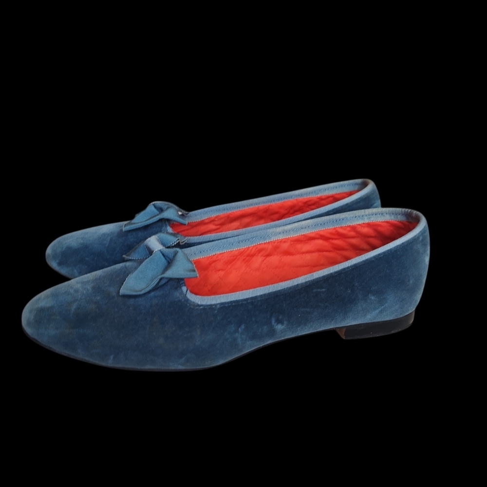 Rare Vintage Dunhams of Maine Blue Velvet Smoking Slippers Grosgrain Bow Size 11 - Picture 4 of 16
